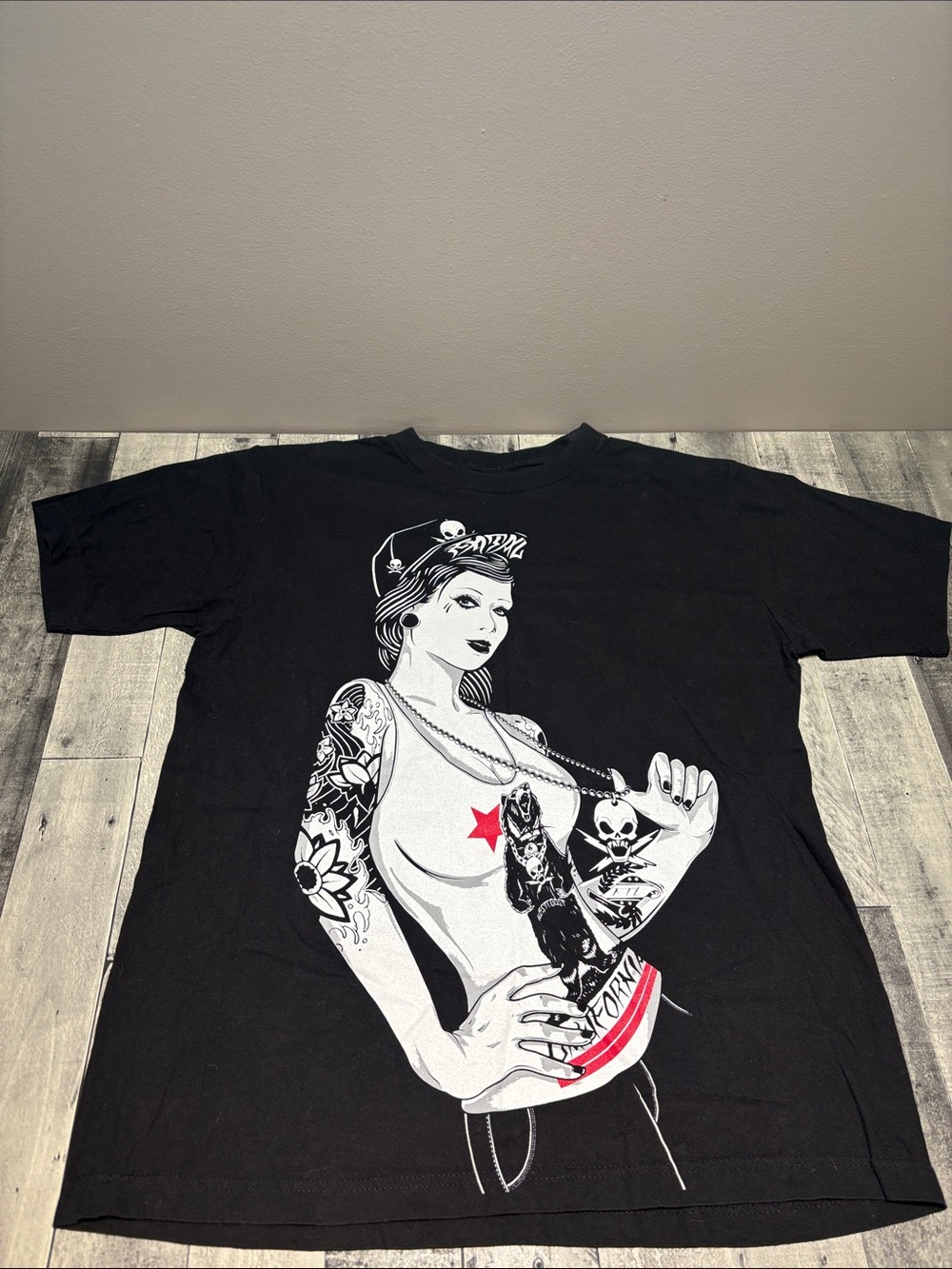 Fatal Black Graphic Pin-Up Tattoo Art T-Shirt with Red Accent